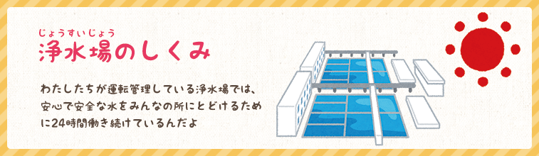 浄水場のしくみ　わたしたちが運転管理している浄水場では、安心で安全な水をみんなの所にとどけるために24時間働き続けているんだよ